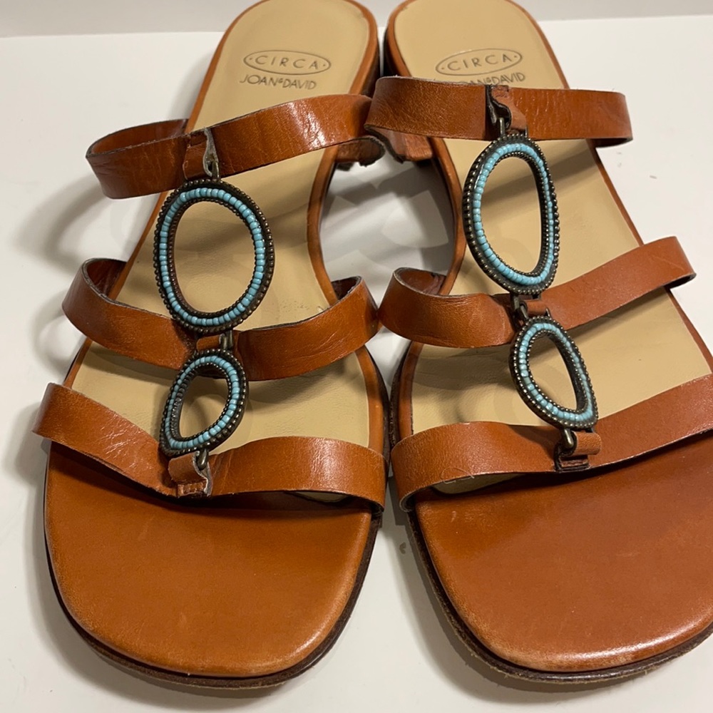 Joan & David brown leather sandals with turquoise details